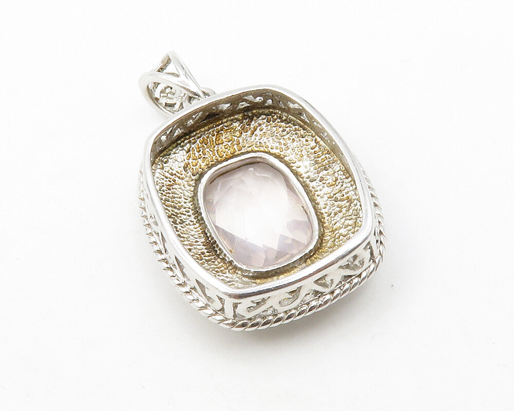 925 Sterling Silver  Faceted Topaz Patterned Border Shiny Drop Pendant  PT9787