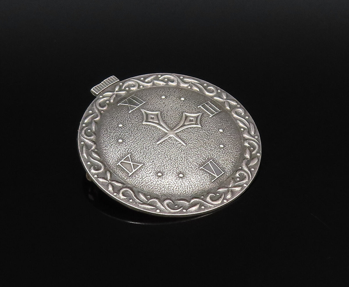 P&B 925 Silver  Vintage Antique Swirl Edge Wall Clock Brooch Pin  BP9977