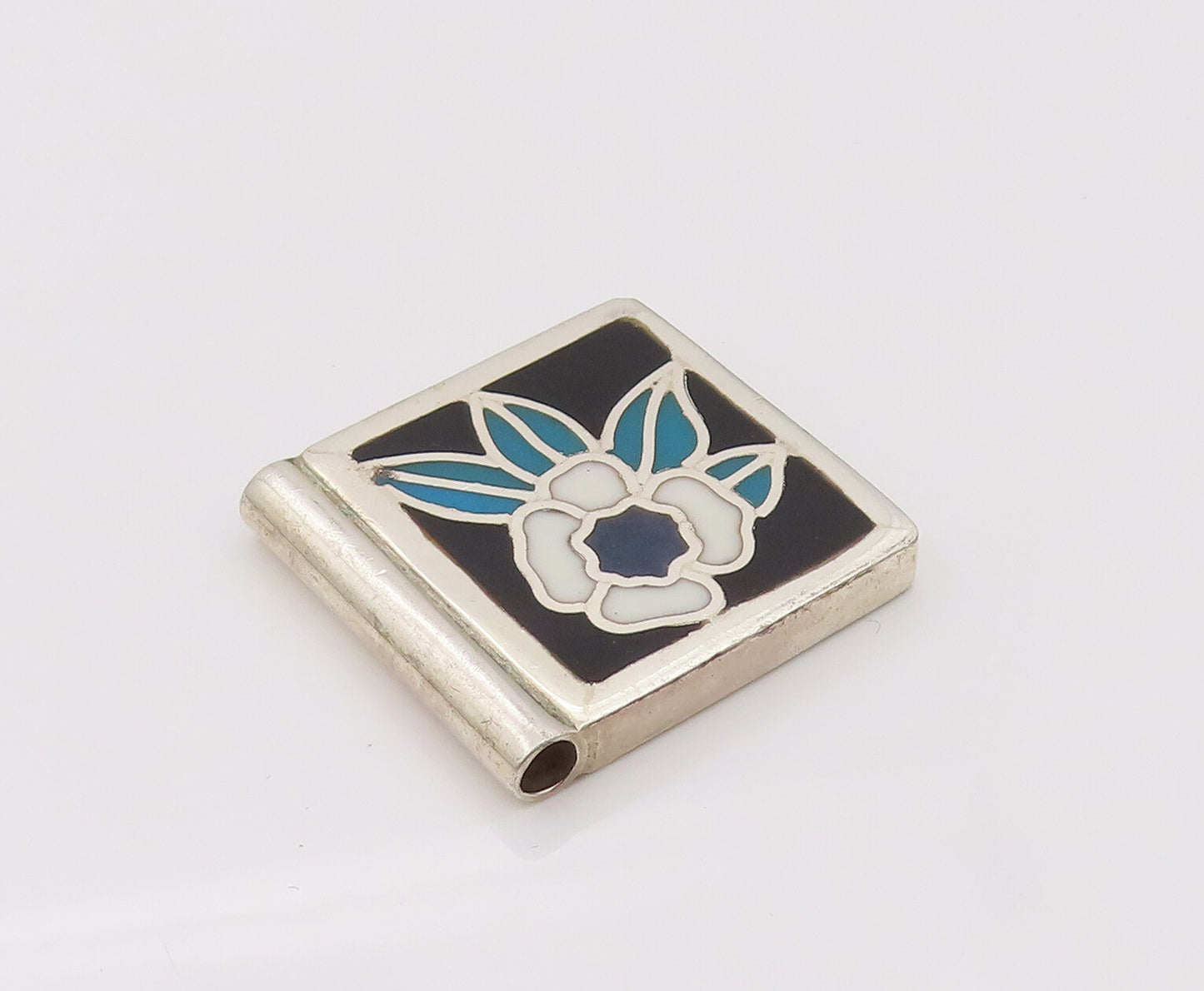 EUROPE 925 Sterling Silver  Vintage Square Flower Leaf Enamel Pendant PT22123