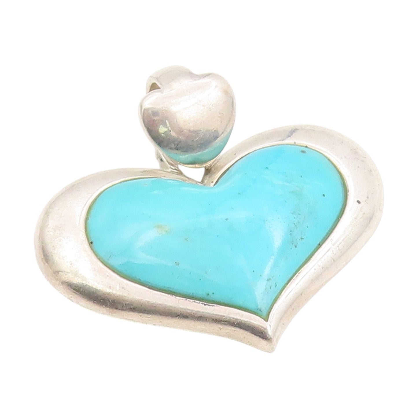 925 Sterling Silver Vintage Pendant Cabochon Turquoise Solid Love Heart  PT25316