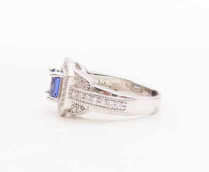 925 Sterling Silver Vintage Ring Designer Square Sapphire CZ Inlay Sz 7 RG29794