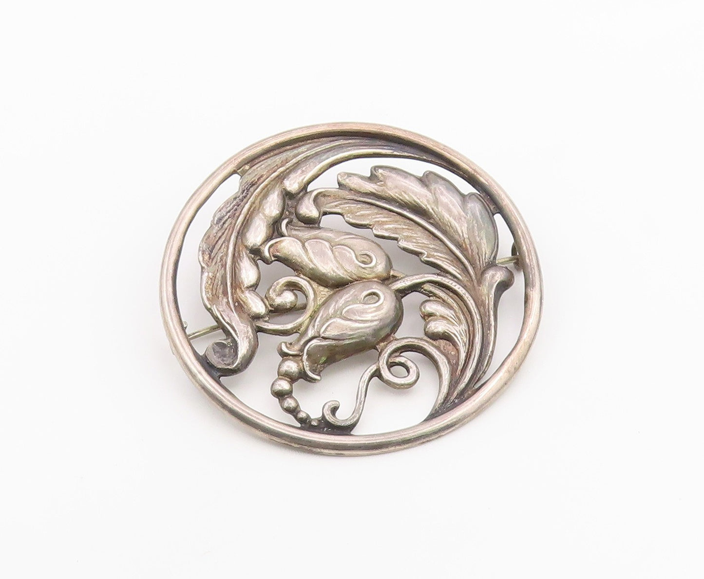 925 Sterling Silver Vintage Brooch Pin CARL POUL Openwork Foliate Circle BP12610
