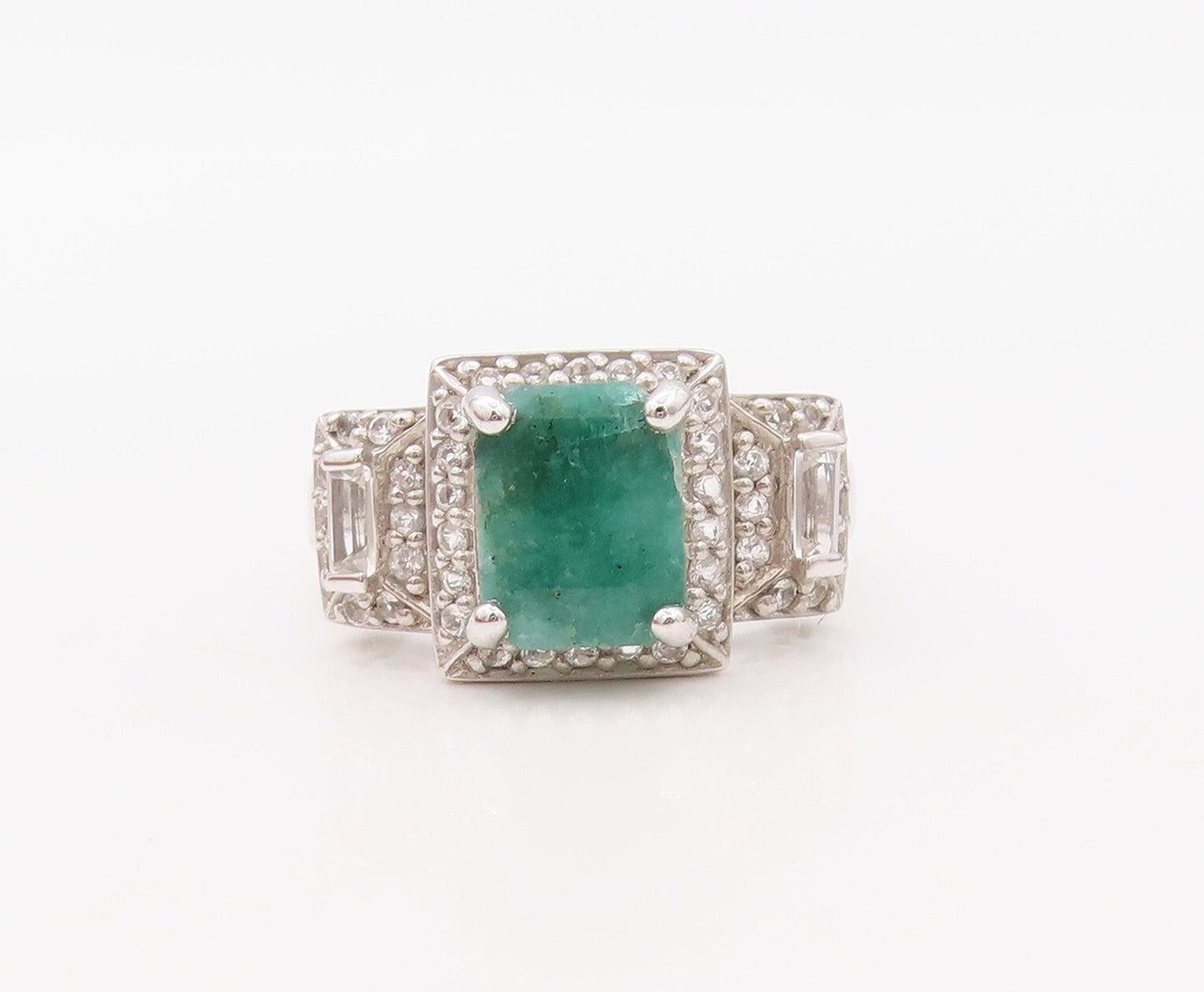 925 Sterling Silver Vintage Ring Rectangle Cutout Gemstone & CZ  Sz 7  RG30797