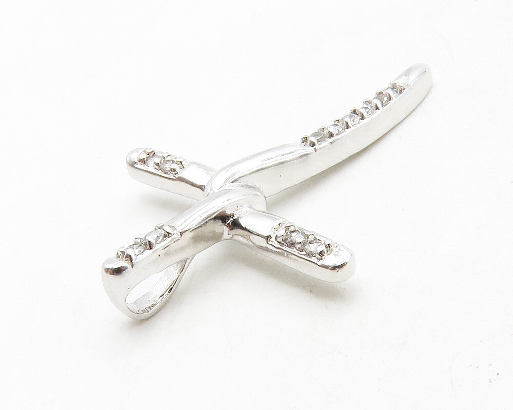 925 Sterling Silver  Shiny Petite White Topaz Religious Cross Pendant  PT10436