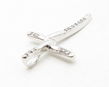 925 Sterling Silver  Shiny Petite White Topaz Religious Cross Pendant  PT10436