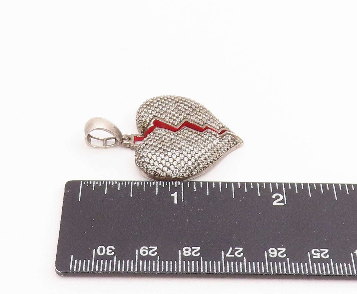 925 Sterling Silver Vintage Pendant CZ Enamel Broken Love Heart Charm  PT25787