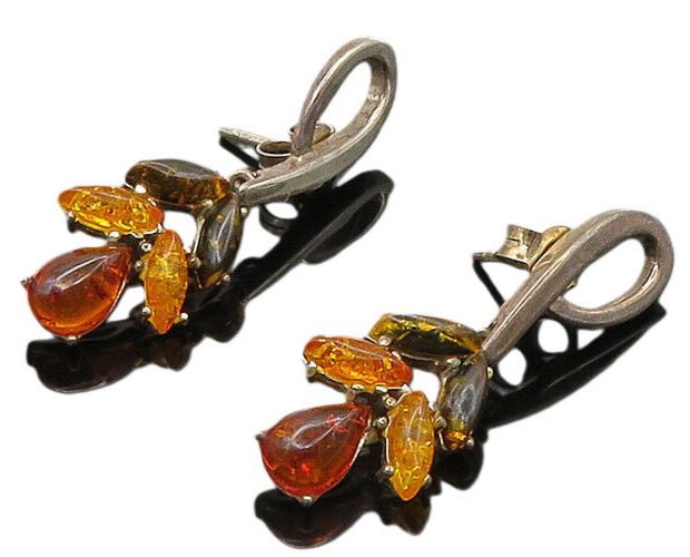 925 Sterling Silver  Vintage Amber Floral Motif Dangle Earrings  EG10718
