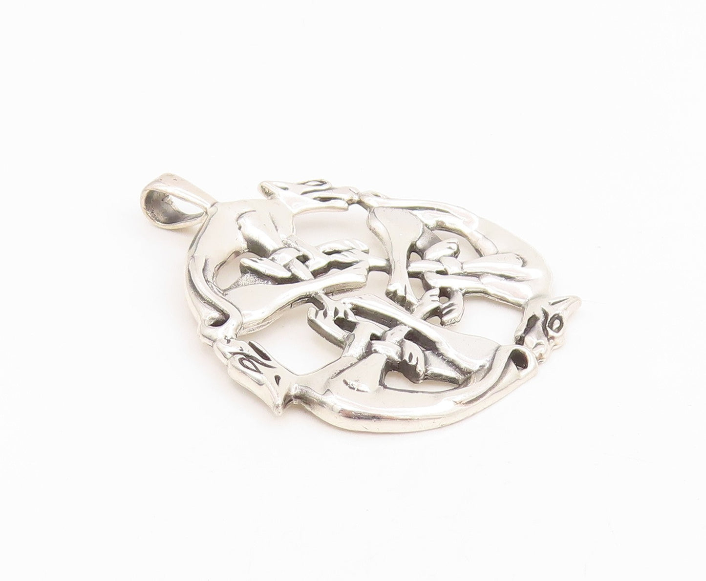 925 Sterling Silver Vintage Pendant Intertwined Triple Celtic Wolves  PT25615