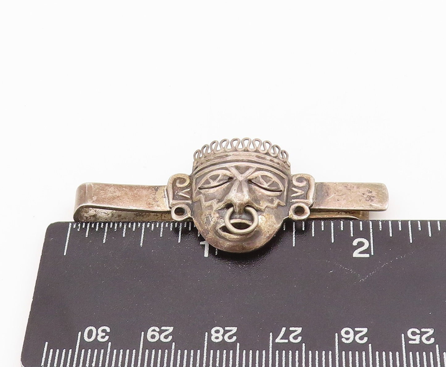 925 Sterling Silver Vintage Tie Clip Dark Tone Trible Man Face Carved  TR3871