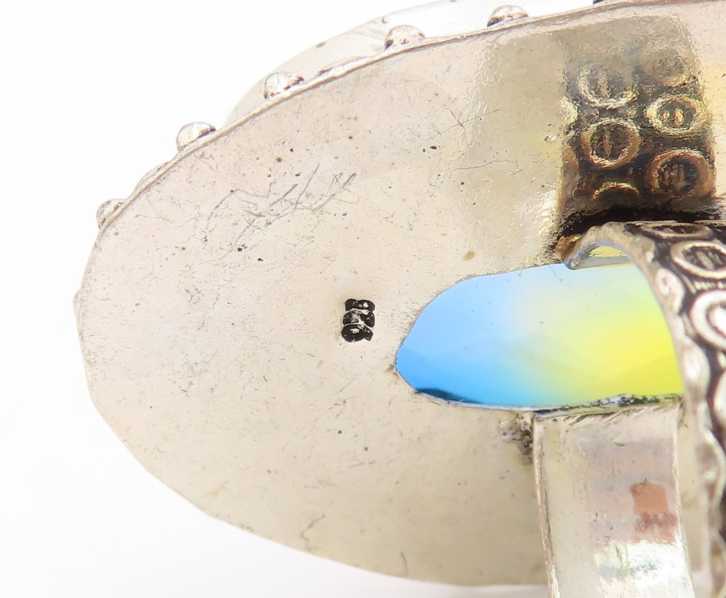 925 Sterling Silver Vintage Ring Large Mystic Topaz Geometric Band Sz 8 RG34138
