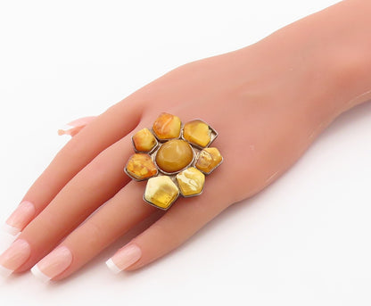 925 Sterling Silver Vintage Ring Modernist Amber Large Flower  Sz 7  RG36379