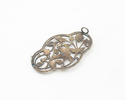 925 Sterling Silver  Vintage Dark Tone Floral Bird Scene Pendant  PT14244
