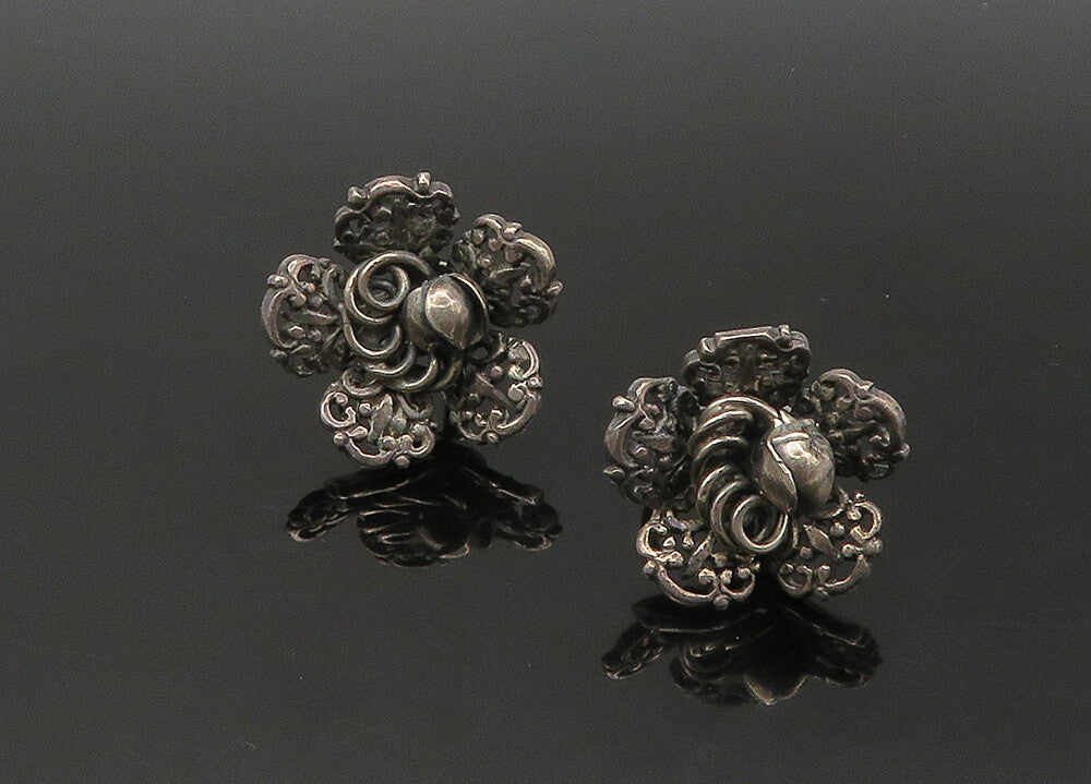925 Sterling Silver  Vintage Antique Flower Motif Non Pierce Earrings  EG10819