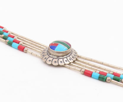 925 Sterling Silver Vintage Bracelet SOUTHWESTERN Multi Gemstone Inlay BT11526
