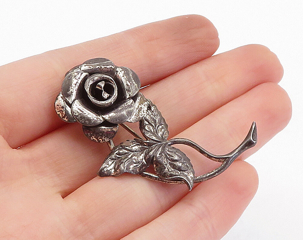 BEAU 925 Silver  Vintage Dark Tone Sculpted Rose Flower Brooch Pin  BP1416