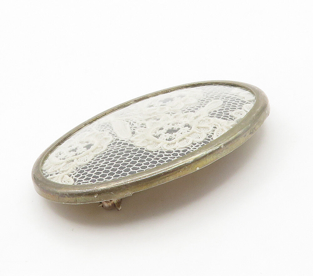 925 Sterling Silver  Vintage Floral Motif Lace Cloth Oval Brooch Pin  BP5880