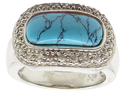 925 Sterling Silver  Turquoise & Topaz Shiny Dome Cocktail Ring Sz 8  RG15350
