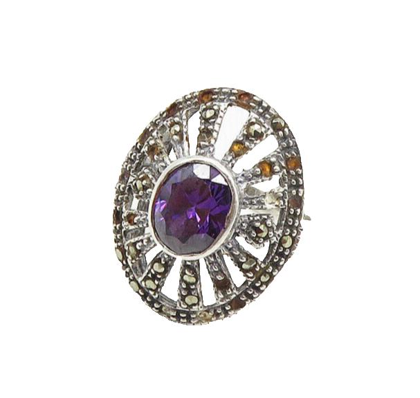 925 Sterling Silver Amethyst & Marcasite Cutout Cocktail Ring Sz 5  RG17459