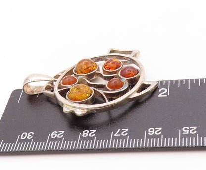 925 Sterling Silver Vintage Pendant Honey Amber Cutout Tropical Fish  PT24163