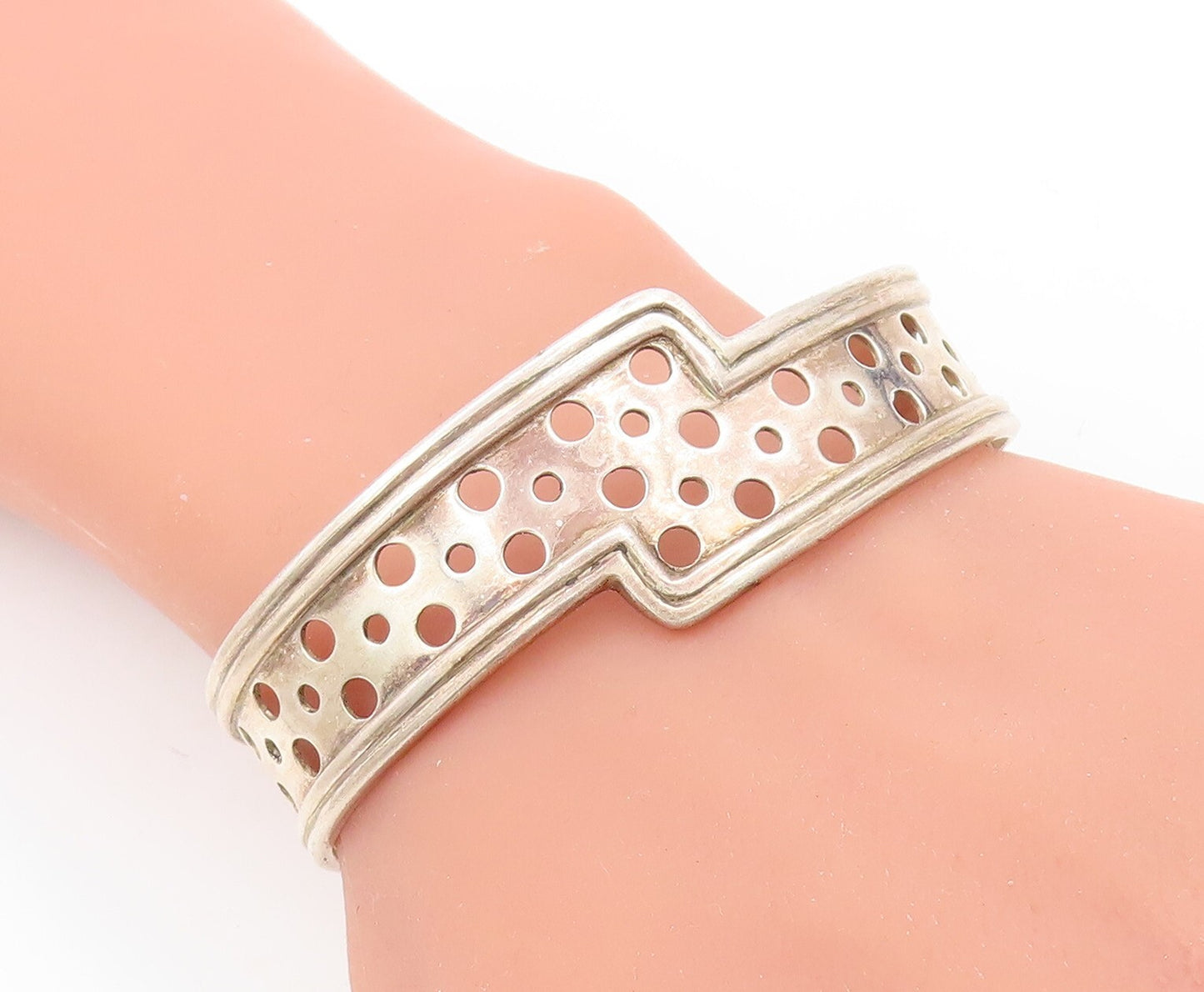 925 Sterling Silver Vintage Bracelet GEOART Designer Polka dot Cut Cuff BT10951