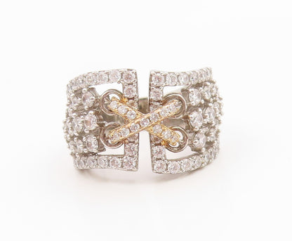925 Sterling Silver Vintage Ring Two Tone CZ Crisscross Wide Band  Sz 7  RG36244