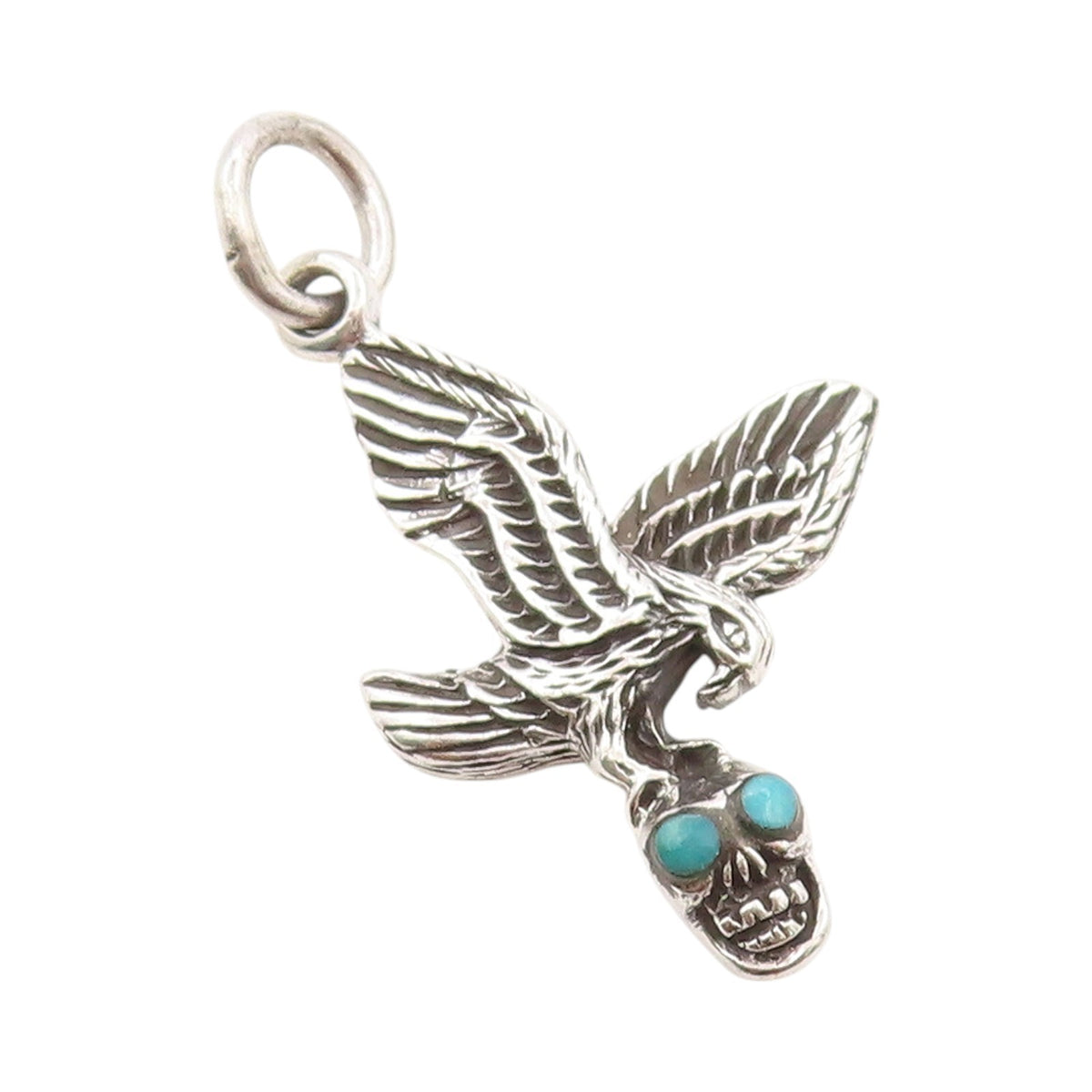 925 Sterling Silver Vintage Pendant Flying Bird Turquoise Eyed Skull  PT24153
