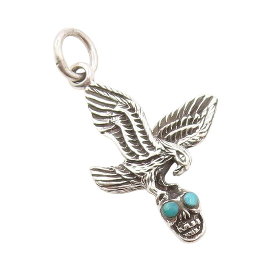 925 Sterling Silver Vintage Pendant Flying Bird Turquoise Eyed Skull  PT24153