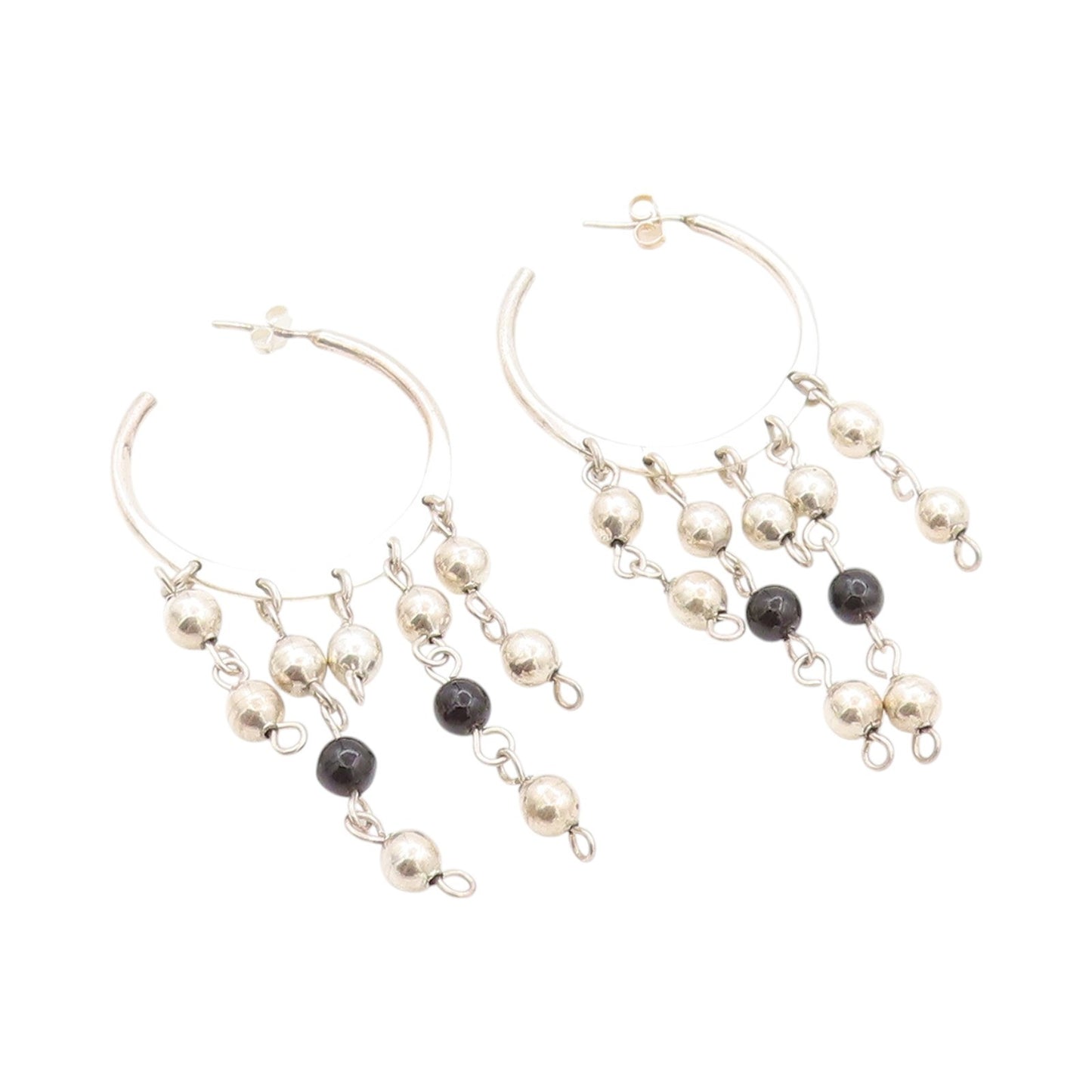 925 Sterling Silver Vintage Earrings MEXICO Dangling Beads & Onyx Hoops  EG13576