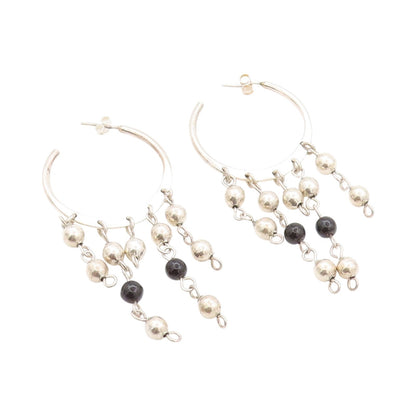 925 Sterling Silver Vintage Earrings MEXICO Dangling Beads & Onyx Hoops  EG13576