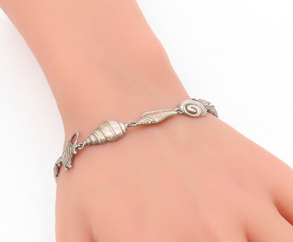 925 Sterling Silver Vintage Bracelet Modernist Seashell Coastal Charms  BT11719