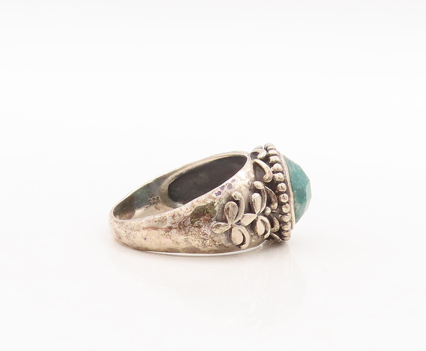 925 Sterling Silver Vintage Ring Round Green Gemstone Swirly Sz 10 RG29719