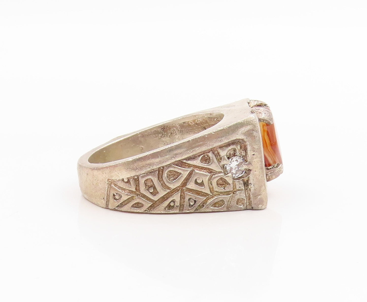 925 Sterling Silver Vintage Ring Agate & Topaz Etched Signet  Sz 10.5  RG33945