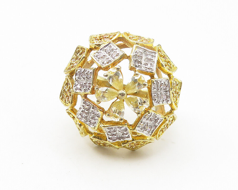 925 Sterling Silver  Topaz Two Tone Floral Dome Cocktail Ring Sz 8.5  RG10956