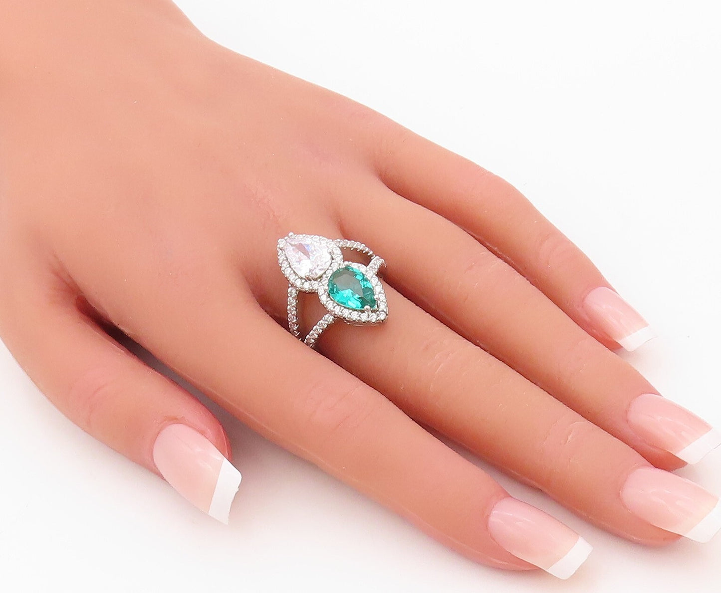 925 Sterling Silver Vintage Ring Designer Drop Sea Green & White CZ Sz 7 RG30410