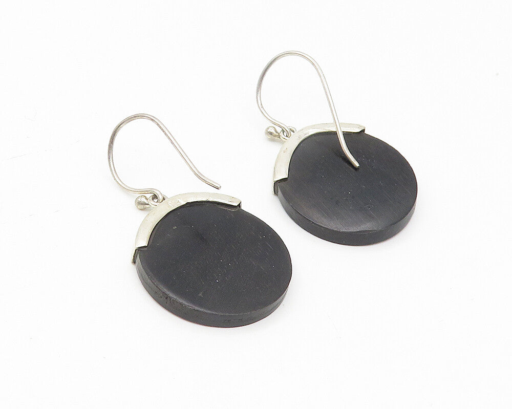 925 Sterling Silver  Vintage Black Wooden Shiny Bail Drop Earrings  EG3159