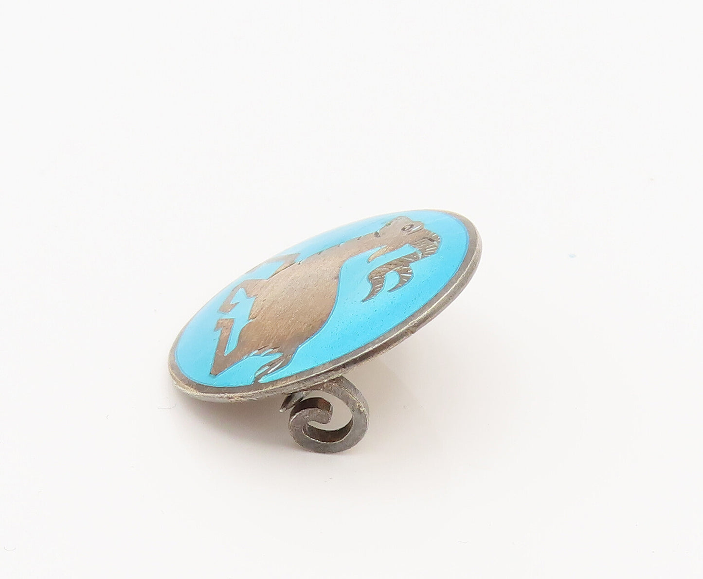 EUROPE 925 Silver  Vintage Round Blue Enamel Antelope Brooch Pin  BP10130