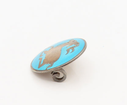 EUROPE 925 Silver  Vintage Round Blue Enamel Antelope Brooch Pin  BP10130