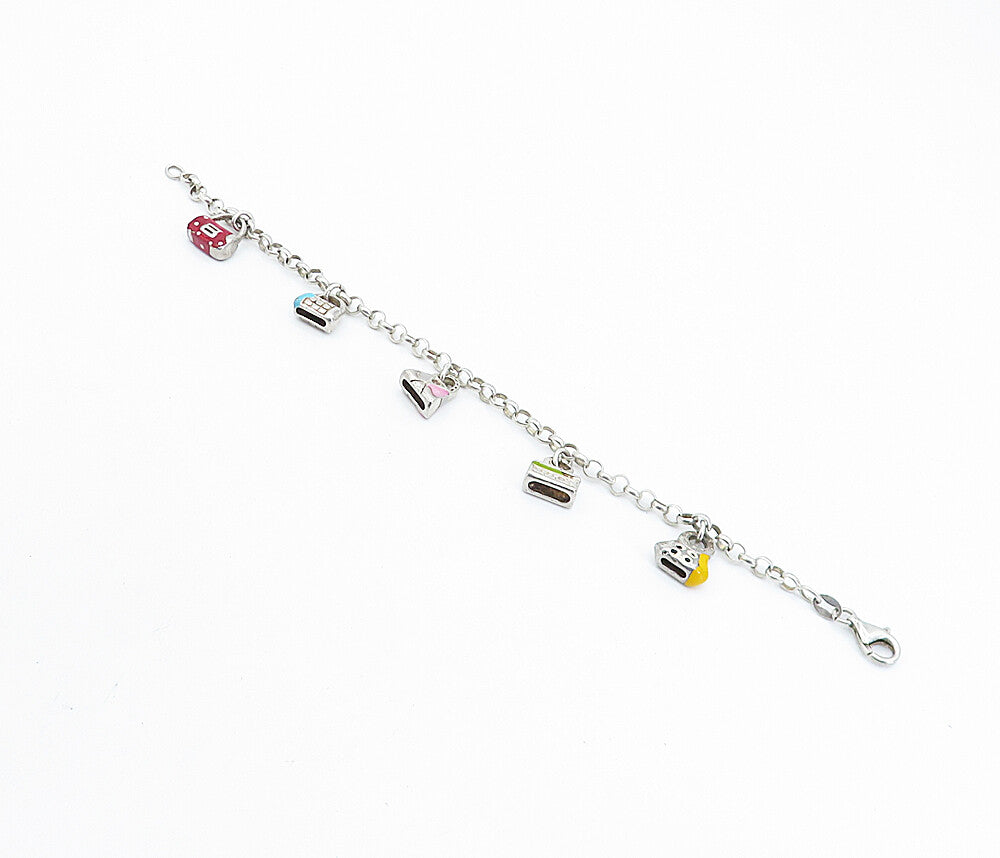925 Sterling Silver  Vintage Enamel Handbag Charmed Chain Bracelet  BT3108