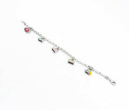 925 Sterling Silver  Vintage Enamel Handbag Charmed Chain Bracelet  BT3108