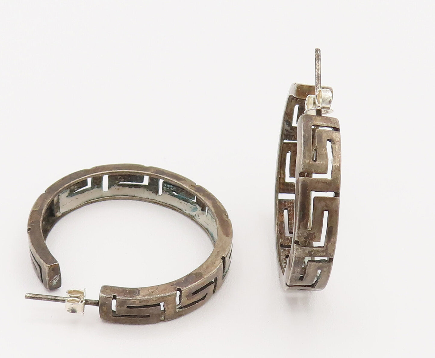 925 Sterling Silver  Vintage Carved Greek Key Maze Hoop Earrings  EG12314