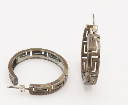 925 Sterling Silver  Vintage Carved Greek Key Maze Hoop Earrings  EG12314