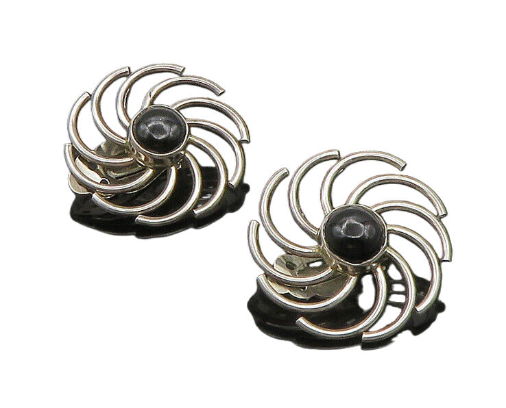 925 Silver  Vintage Black Onyx Flower Motif Shiny Non Pierce Earrings  EG11403