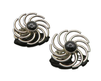925 Silver  Vintage Black Onyx Flower Motif Shiny Non Pierce Earrings  EG11403