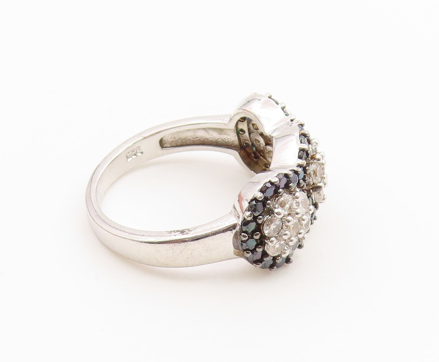 925 Sterling Silver Vintage Ring CZ Triple Flower Cluster Band  Sz 6.5  RG36850