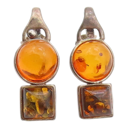 925 Sterling Silver Vintage Earrings Bold Cabochon Amber Geometric Drop  EG14367