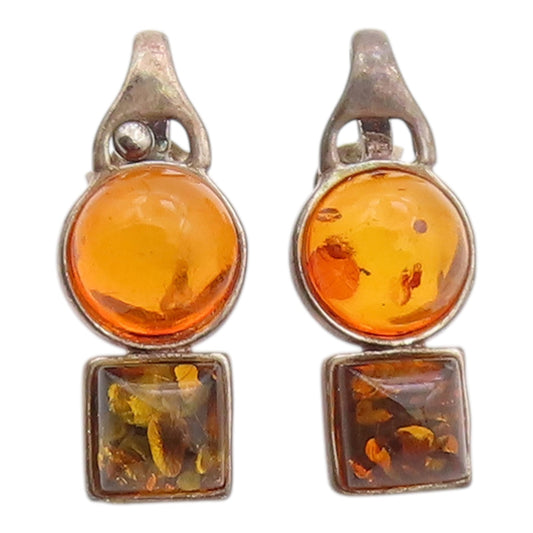 925 Sterling Silver Vintage Earrings Bold Cabochon Amber Geometric Drop  EG14367