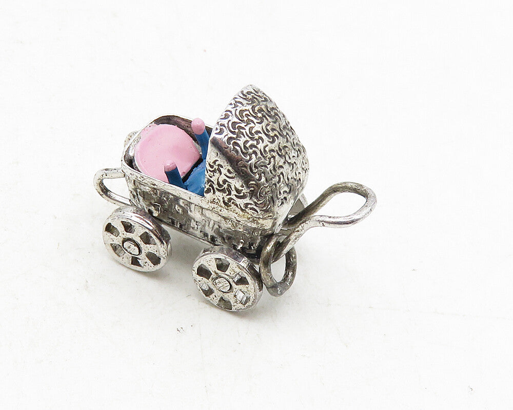 925 Sterling Silver  Vintage Petite Old Fashioned Baby Carriage Pendant PT7197