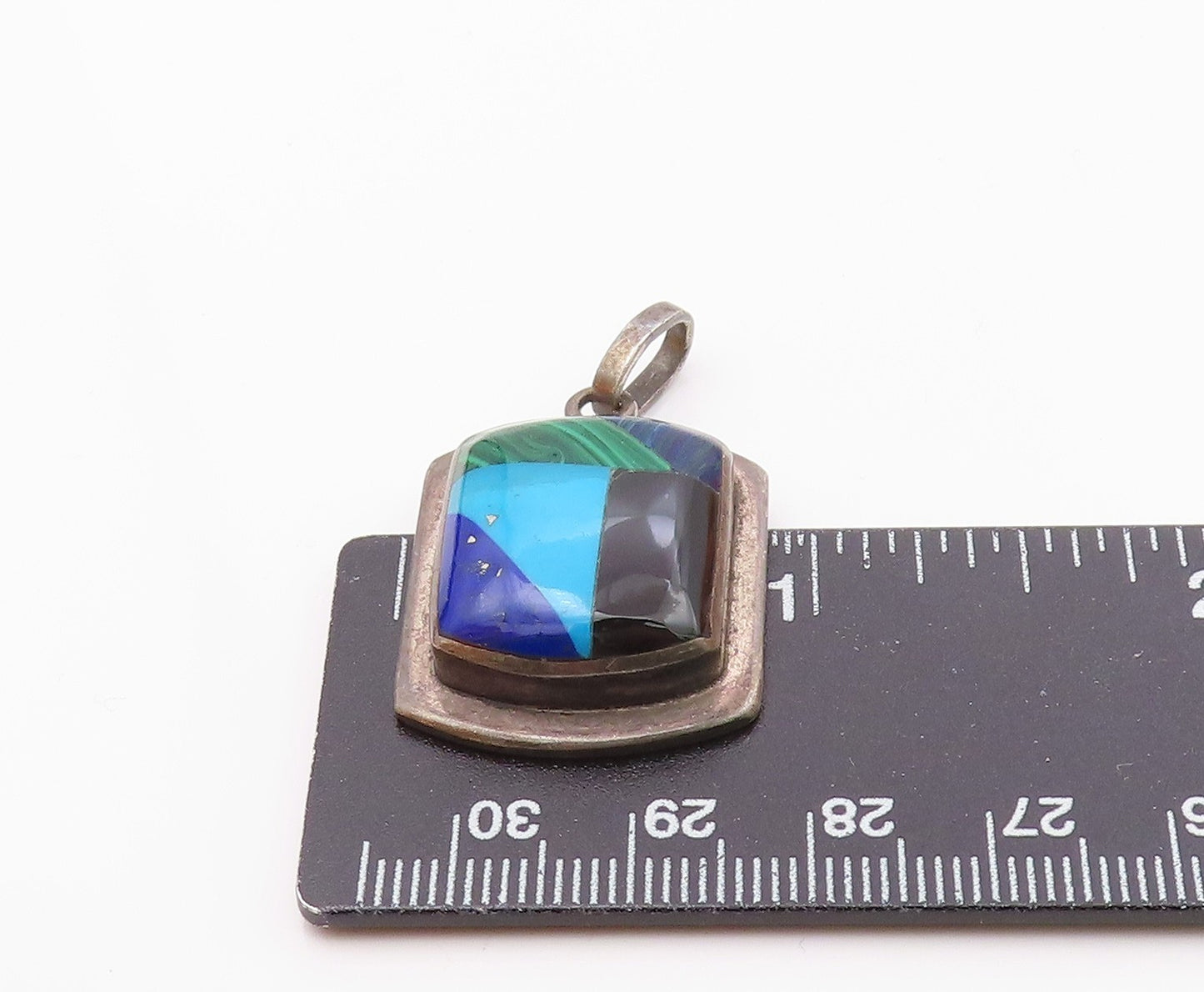 MEXICO 925 Silver  Vintage Inlaid Malachite Onyx & Multi Stone Pendant PT21188
