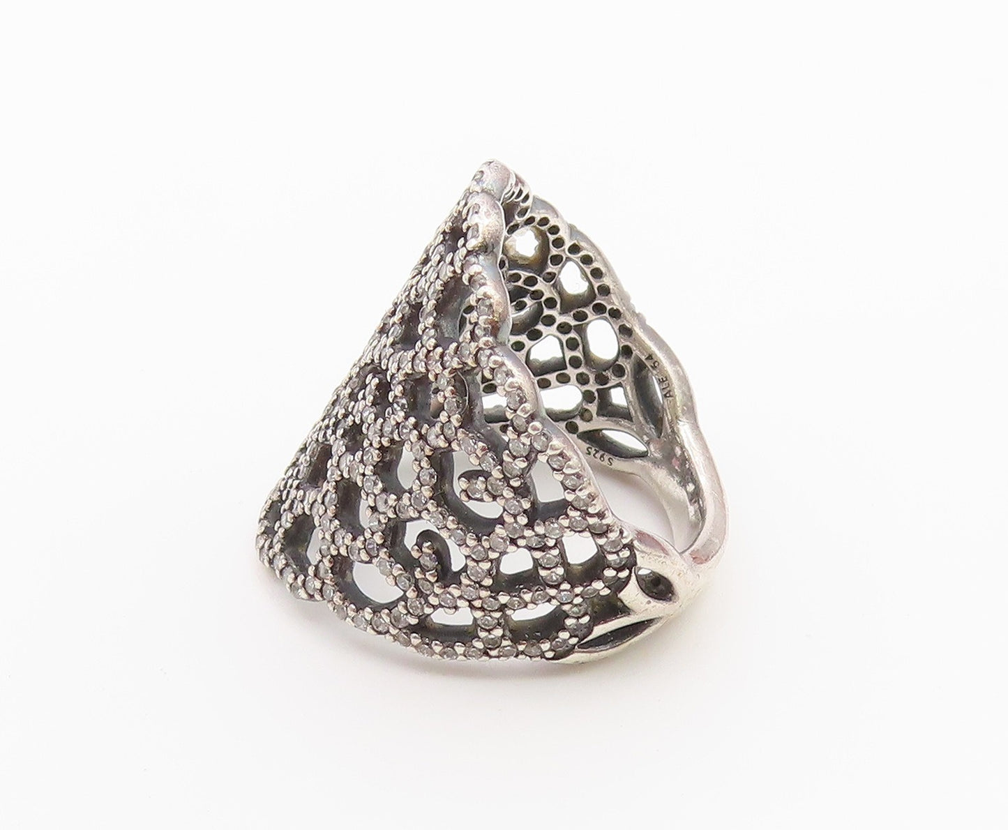 925 Sterling Silver Vintage Ring PANDORA CZ Shimmering Lace Cutout Sz 7 RG36548