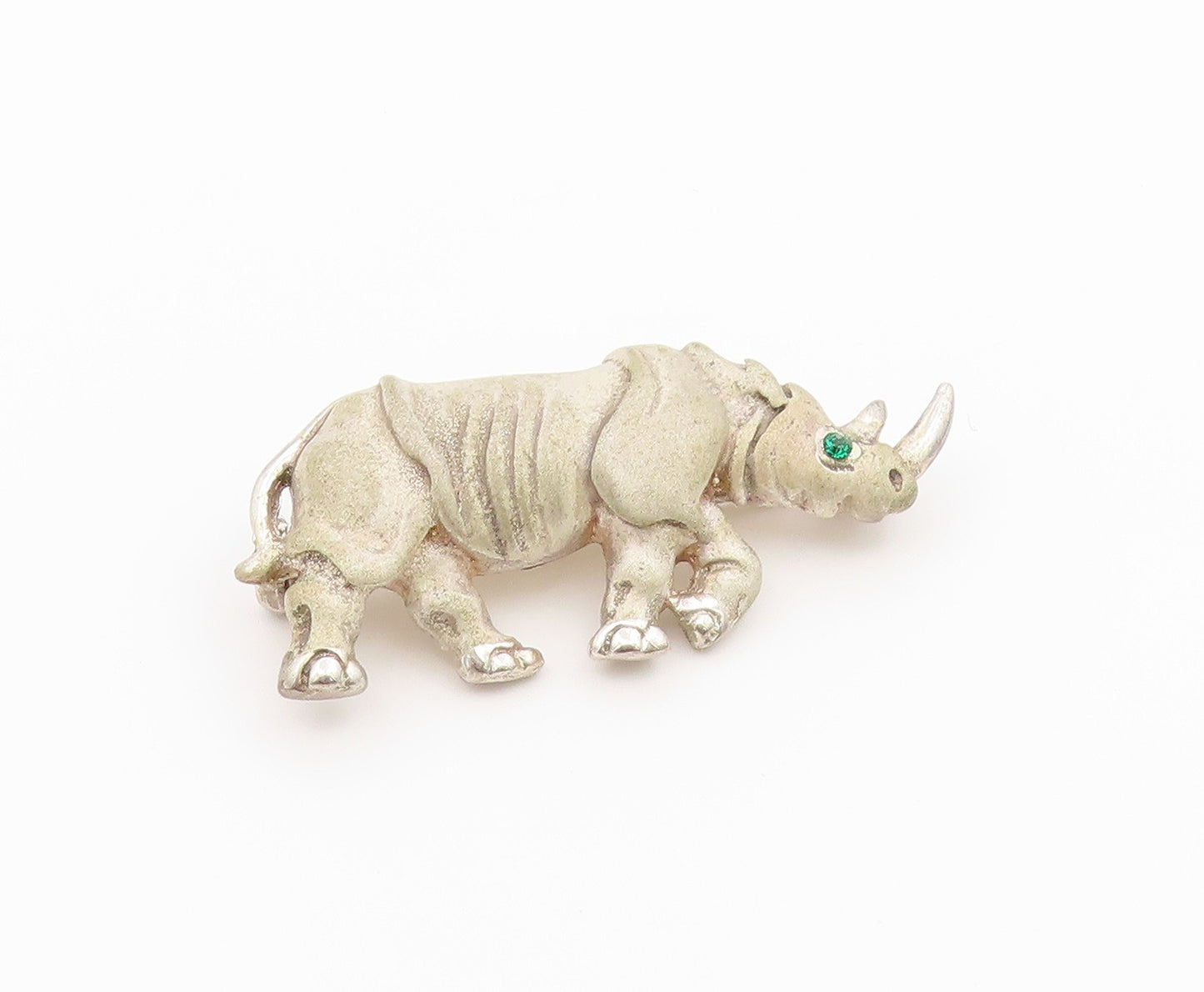 925 Sterling Silver Vintage Brooch Pin Emerald Eye Rhinoceros Figure  BP12638